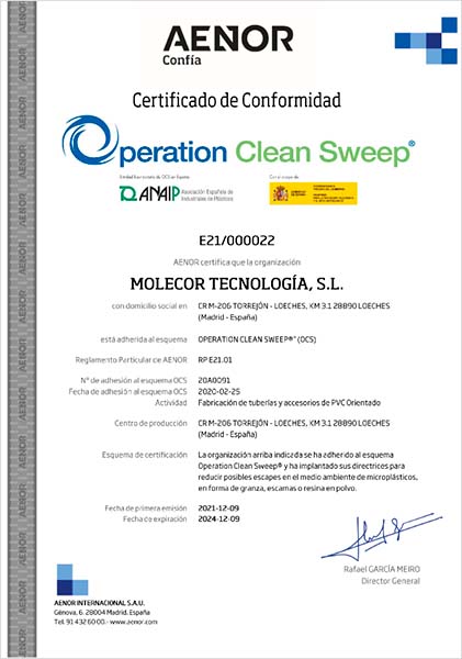 Molecor obtains the OCS certification from AENOR 