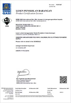 Certificat de Produit AENOR, marque N pour les accessoires en poly(chlorure de vinyle) Bi-Orienté (PVC-BO) pour les systèmes de canalisation d'eau, selon la norme UNE-EN 17176.